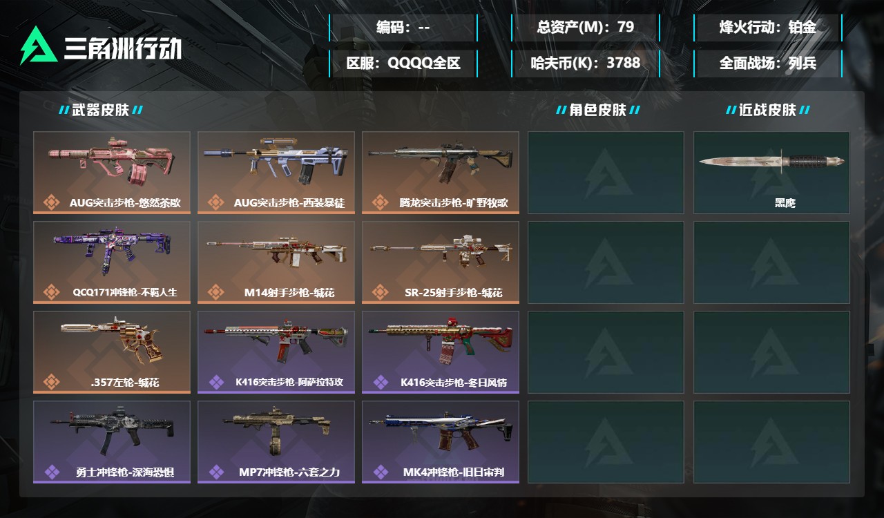 三角洲行动账号QQMSJ5068【总资产(M)】79.34【哈夫币】3788k【行动等级】41【烽火地带段位】铂金【近