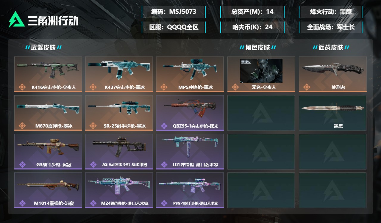 三角洲行动账号QQMSJ5073三端互通-总价值14M-哈夫币247079-烽火地带等级60-烽火地带【干员皮肤】无名