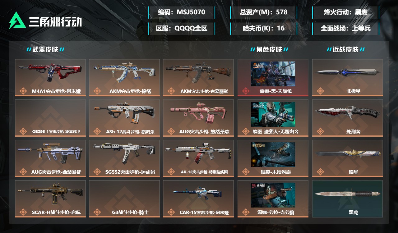 三角洲行动账号QQMSJ5070【仓库价值578.9M 哈夫币163628 AP子弹82发 传说52 北极星 暗星 干