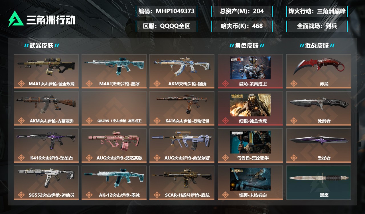 三角洲行动账号QQMSJ5081+MSJ5081【砖皮：M250电玩高手-优品c】【总资产(M)】204.21【哈夫币