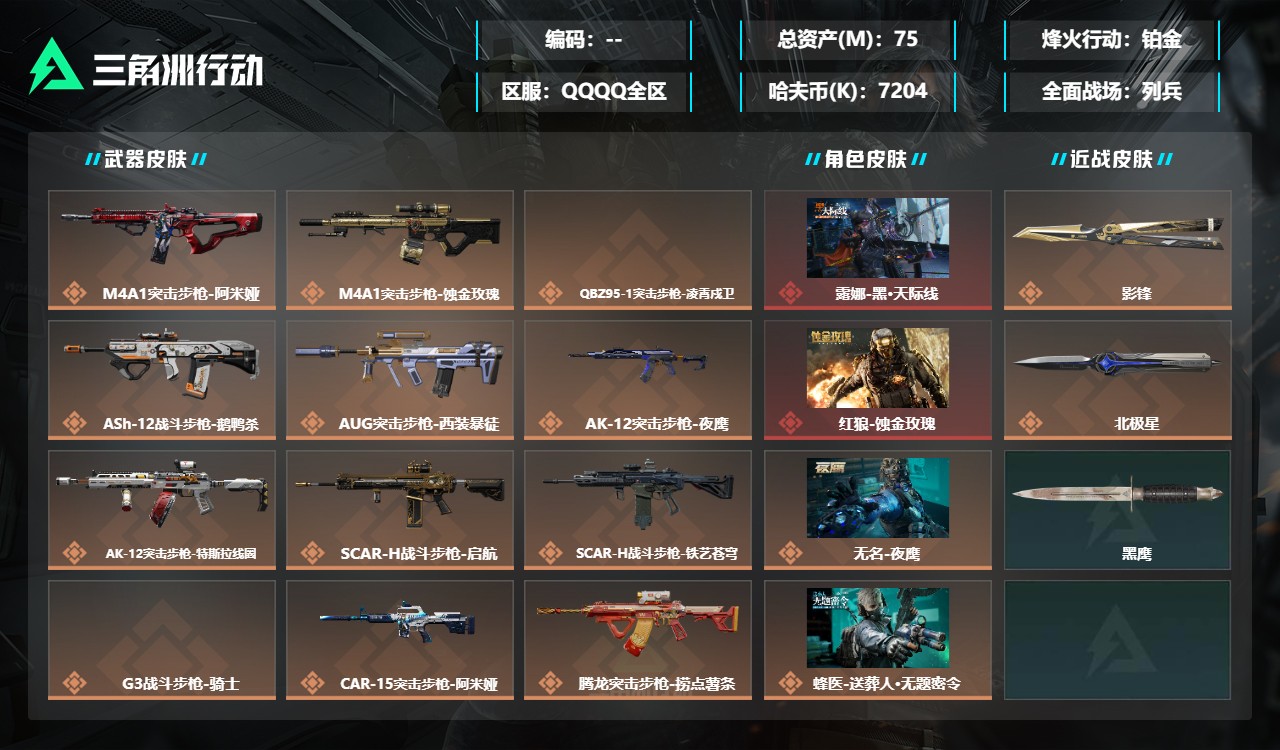 三角洲行动账号QQMSJ5075【MP7-电玩高手- 优品c】【总资产(M)】75.32【哈夫币】7204k【行动等级