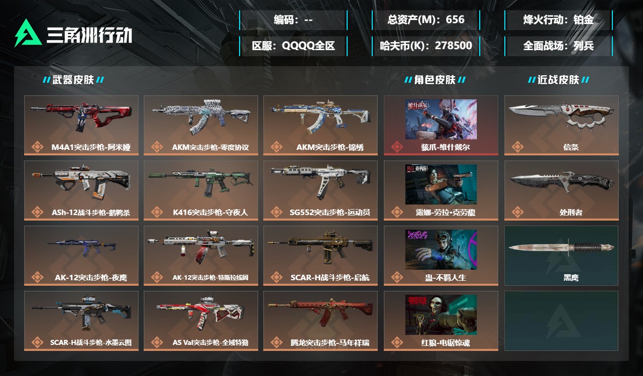三角洲行动账号QQMSJ5076【总资产(M)】656.12【哈夫币】278500k【行动等级】60【烽火地带段位】铂