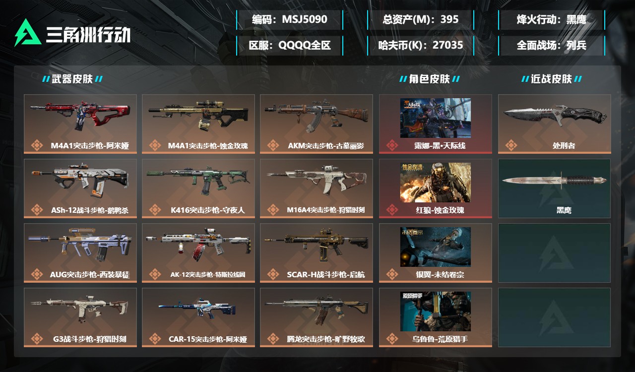 三角洲行动账号QQMSJ5090三端互通Q-总价值395M-哈夫币27035k-烽火地带等级60-烽火地带【干员皮肤】