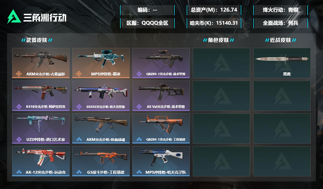 三角洲行动账号QQ【资产号126M 16发AW2组仙弹】【总资产(M)】126.74【哈夫币】15,140.31【行动