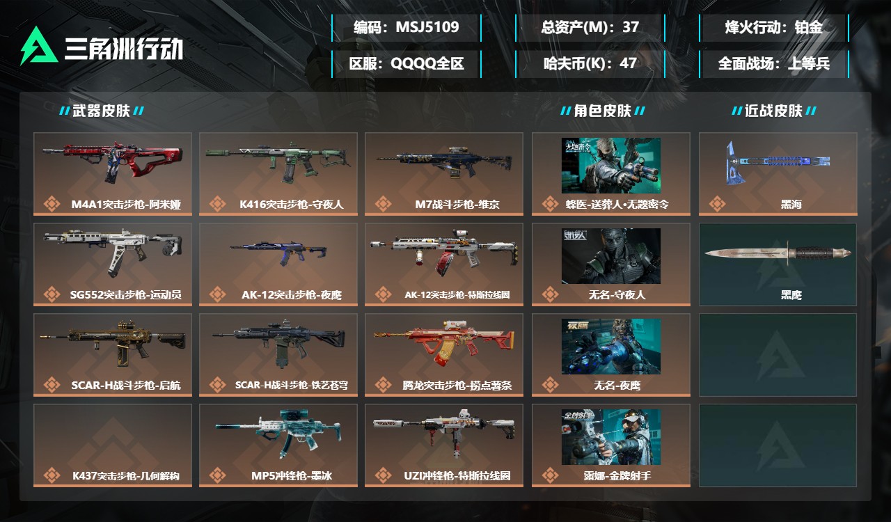 三角洲行动账号QQMSJ5109三端互通-总价值37M-哈夫币475577-烽火地带等级60-烽火地带【干员皮肤】蜂医