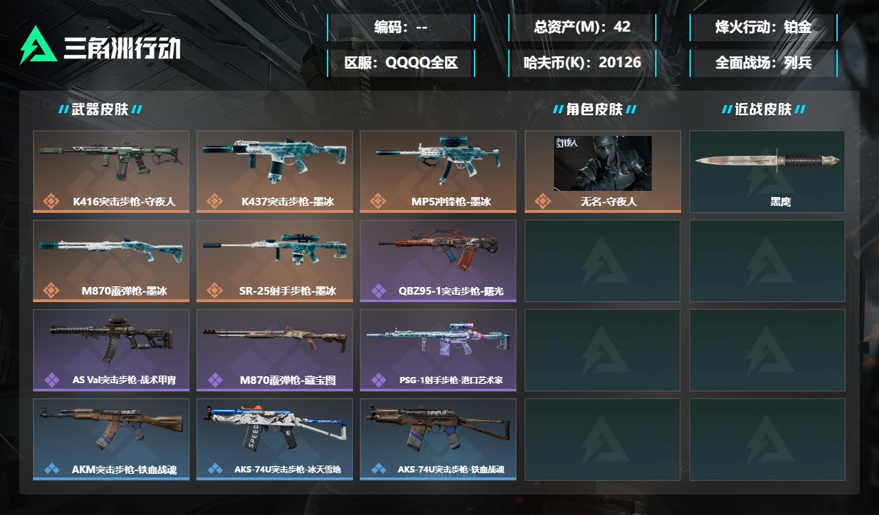 三角洲行动账号QQMSJ5130三端互通-总价值42M-哈夫币20126K-烽火地带等级59-烽火地带【干员皮肤】无名