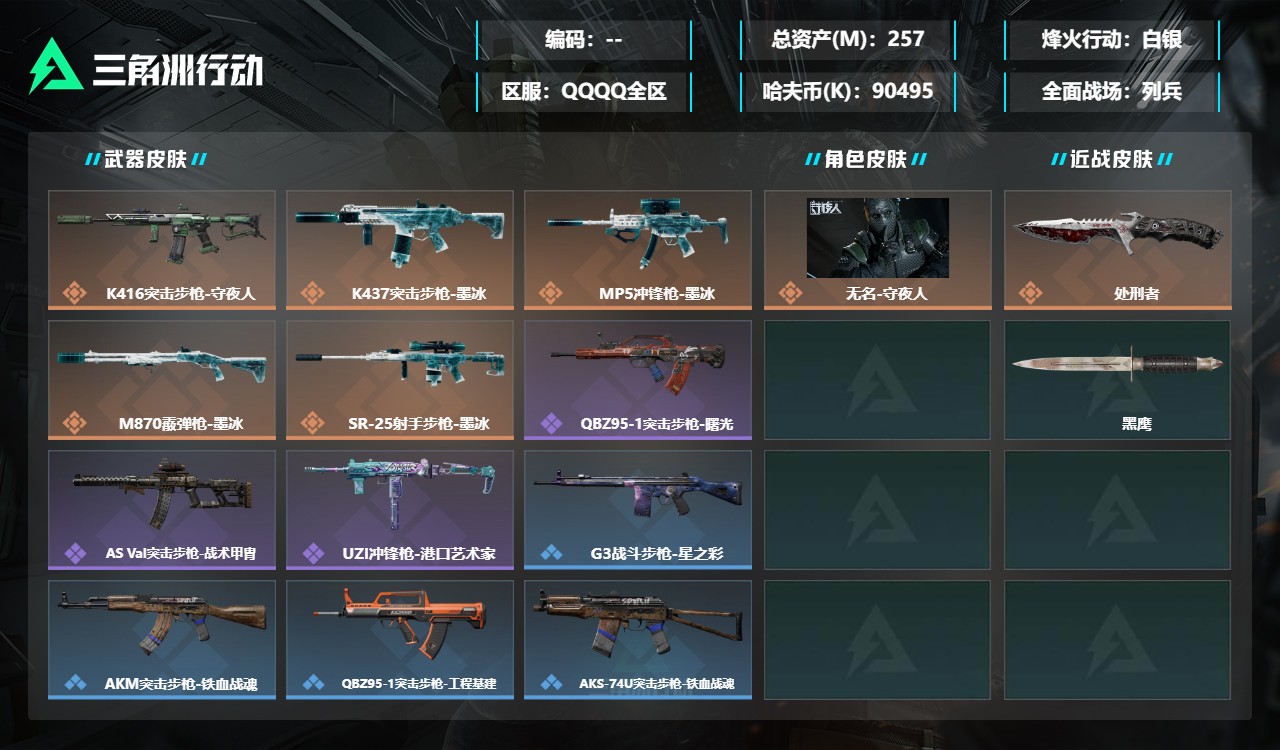 三角洲行动账号QQMSJ5134【总资产(M)】257.55【哈夫币】90495k【行动等级】60【烽火地带段位】白银