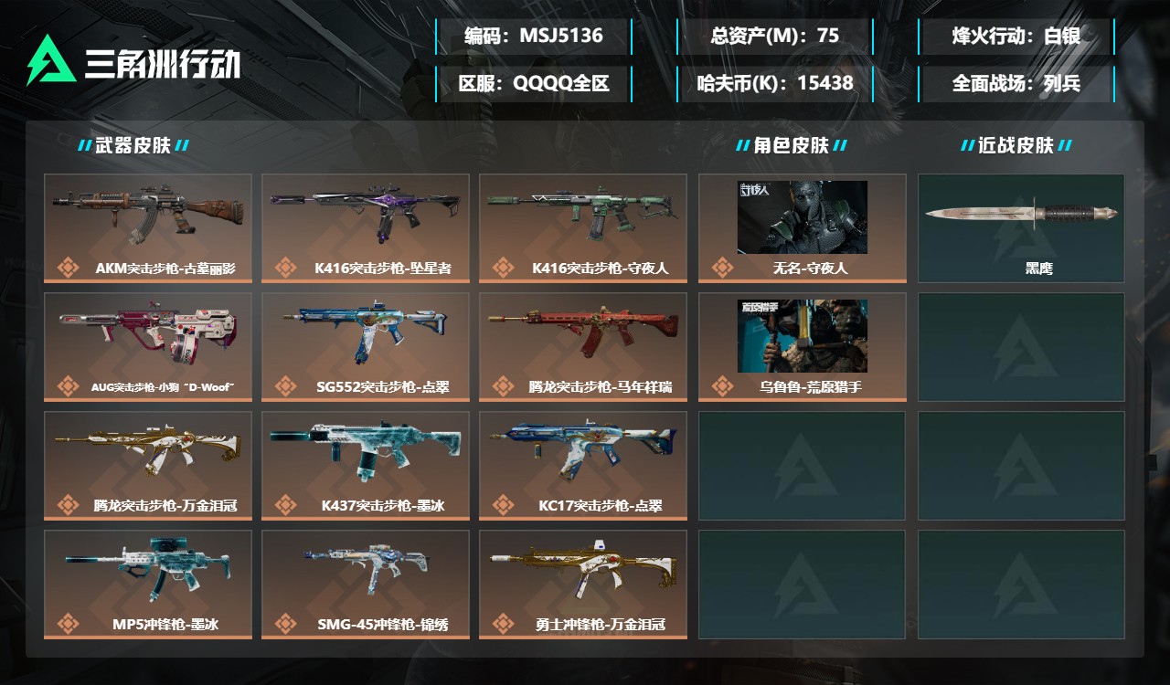 三角洲行动账号QQMSJ5136三端互通-总价值75M-哈夫币15438k-烽火地带等级60-烽火地带【干员皮肤】无名