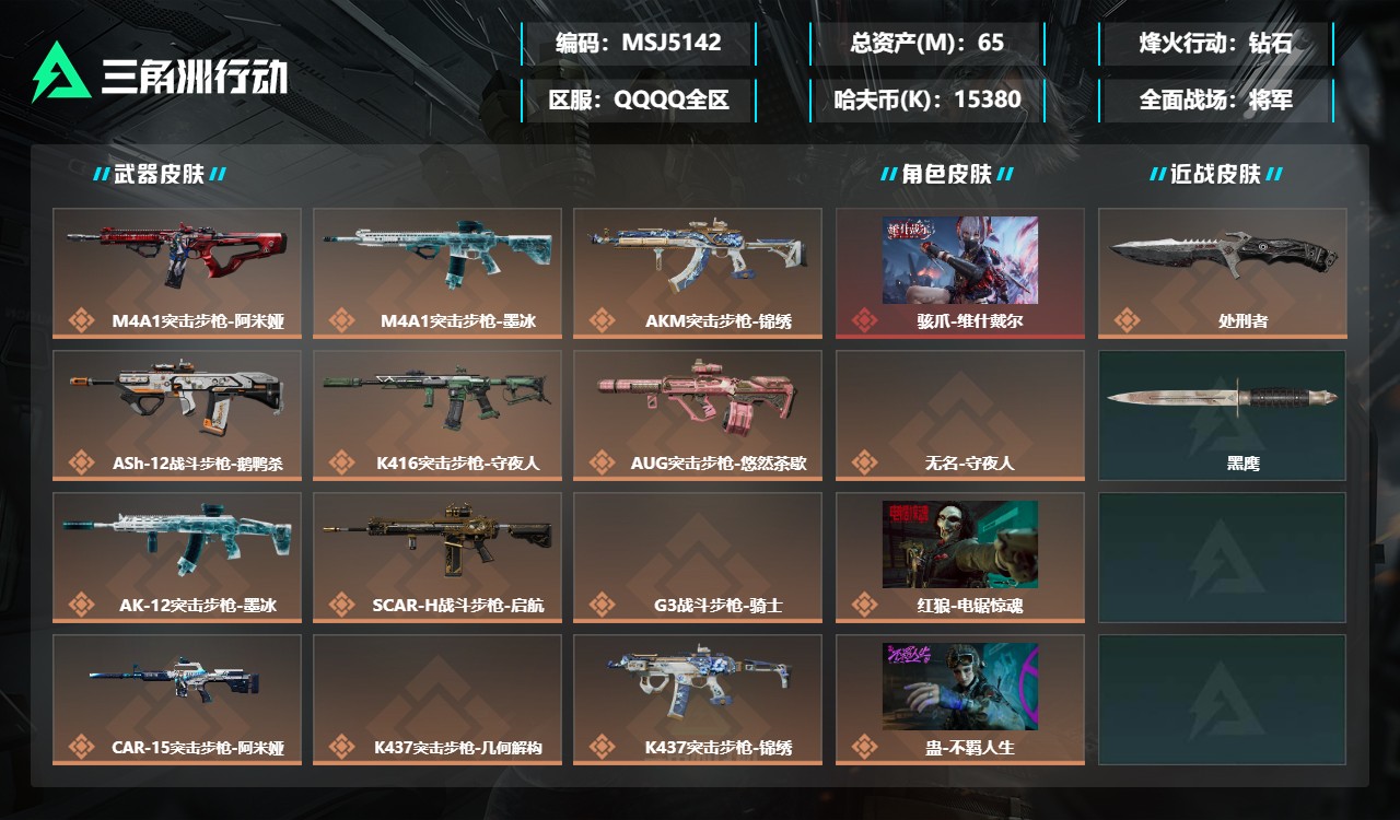 三角洲行动账号QQMSJ5142三端互通-总价值65M-哈夫币15380k-烽火地带等级60-烽火地带【干员皮肤】无名