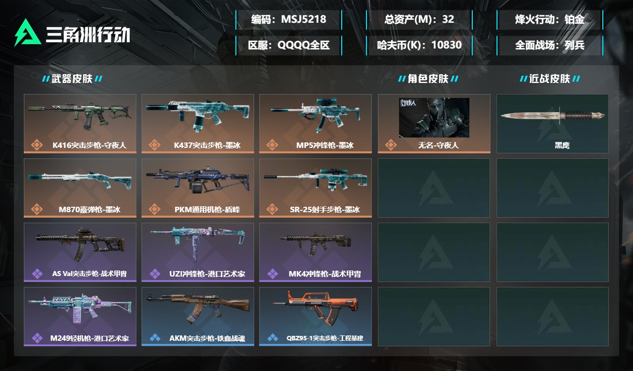 三角洲行动账号QQMSJ5218三端互通-总价值32M-哈夫币10830k-烽火地带等级60-烽火地带【干员皮肤】无名