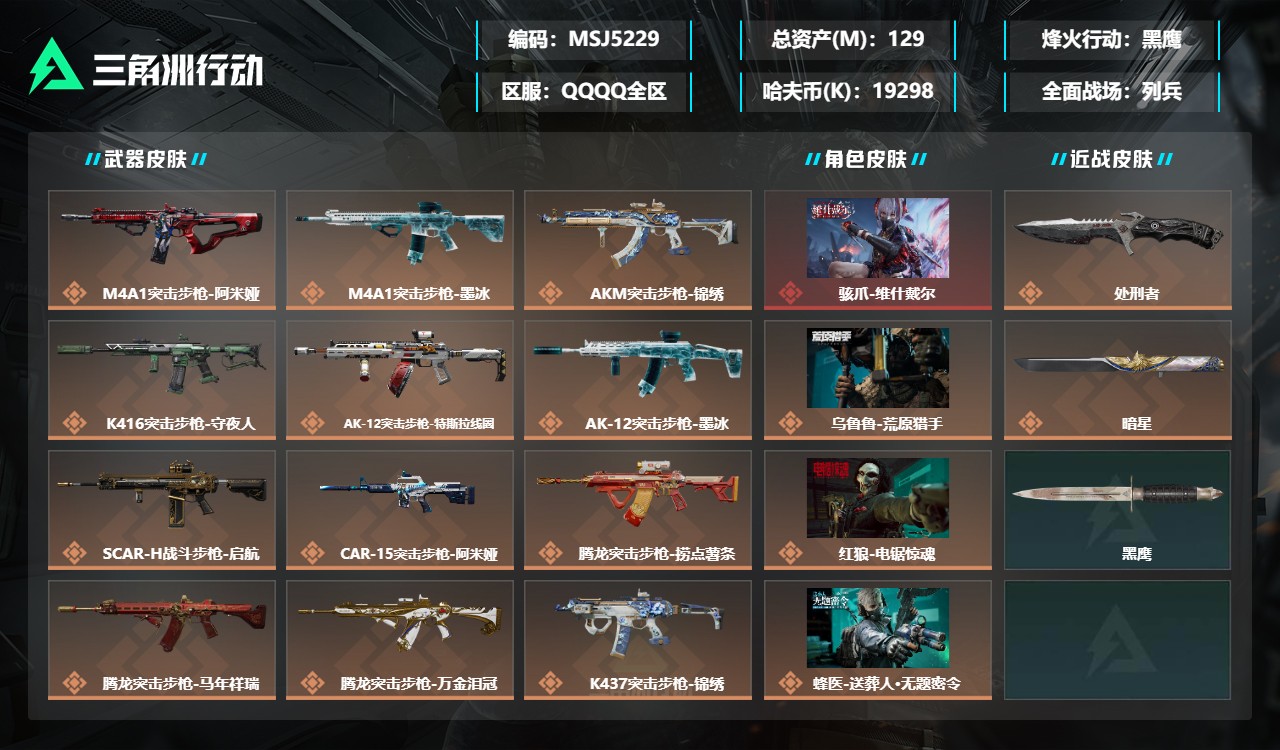 三角洲行动账号QQMSJ5229三端互通-总价值129M-哈夫币19298k-烽火地带等级60-烽火地带【干员皮肤】乌