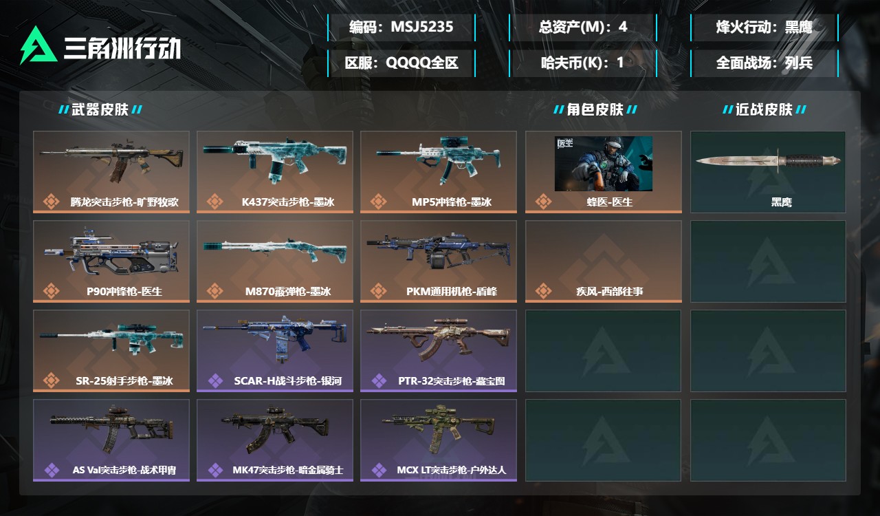 三角洲行动账号QQMSJ5235三端互通-总价值4M-哈夫币7695-烽火地带等级60-烽火地带【干员皮肤】蜂医-医生