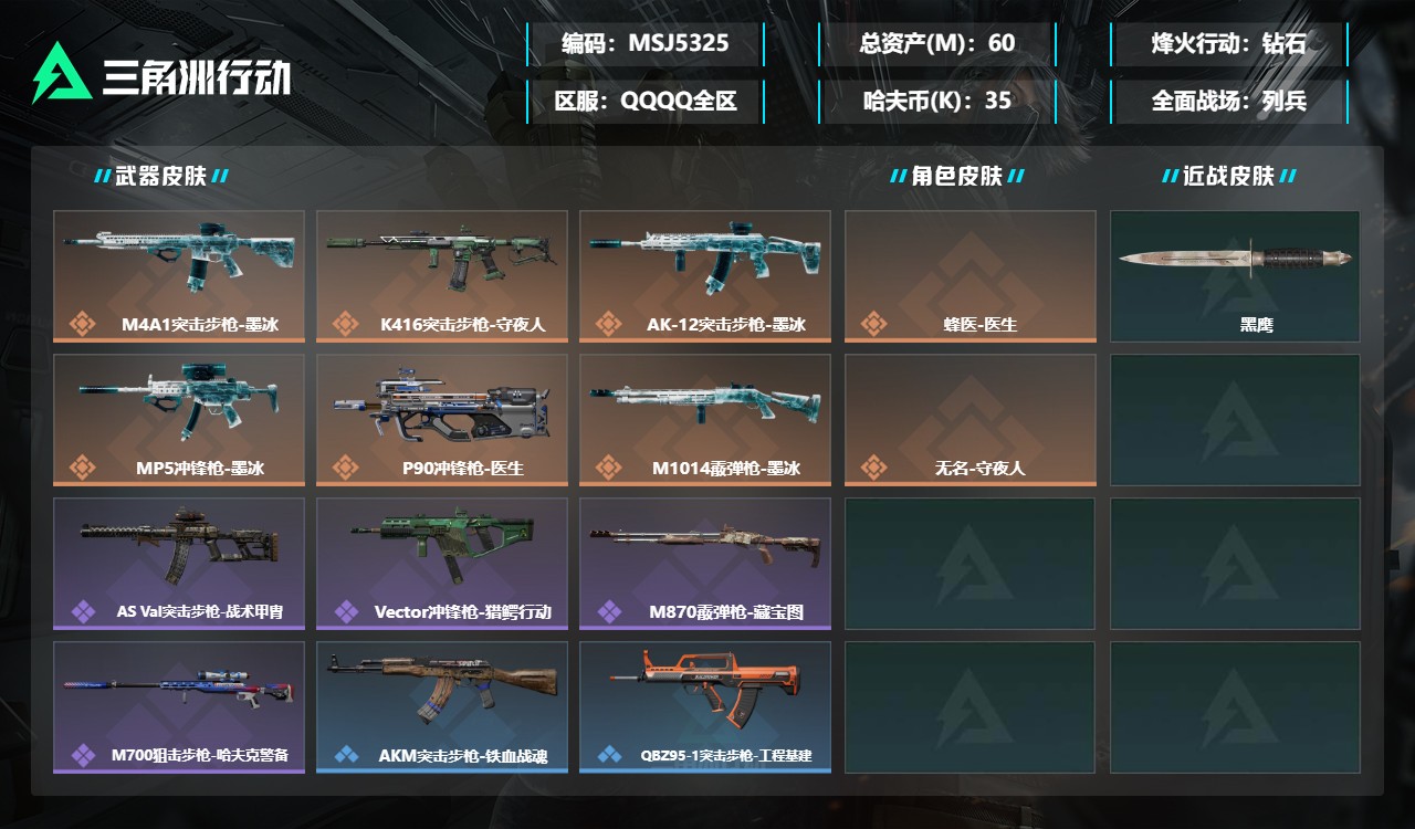 三角洲行动账号QQMSJ5325三端互通-总价值60M-哈夫币358597-烽火地带等级60-烽火地带【干员皮肤】蜂医
