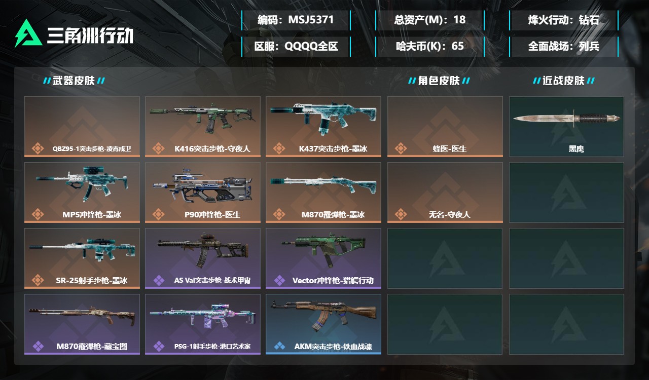 三角洲行动账号QQMSJ5371三端互通-总价值18M-哈夫币655361-烽火地带等级60-烽火地带【干员皮肤】蜂医