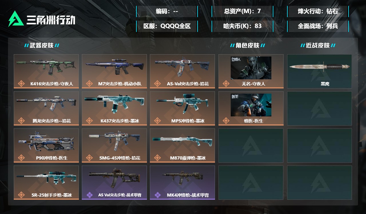 三角洲行动账号QQMSJ5404【无二不包特价出售】【总资产(M)】7.32【哈夫币】83k【行动等级】60【烽火地带