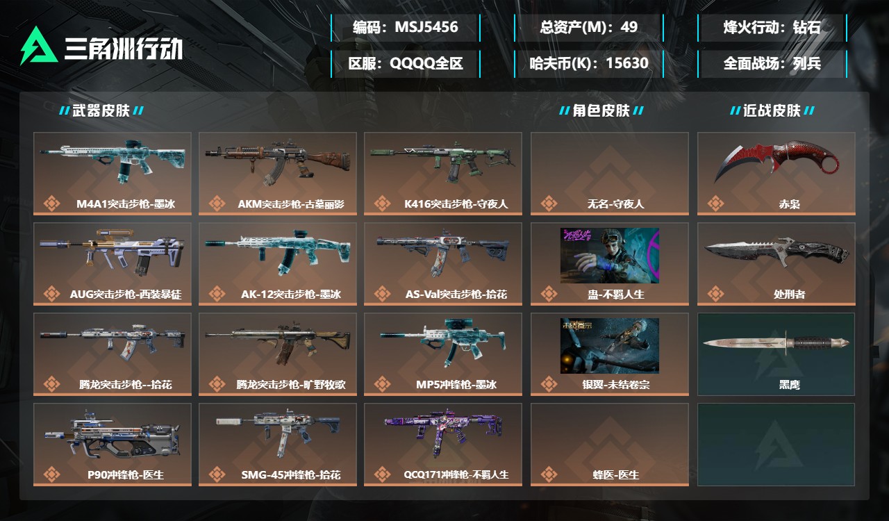 三角洲行动账号QQMSJ5456三端互通-总价值49M-哈夫币15630k-烽火地带等级60-烽火地带【干员皮肤】无名