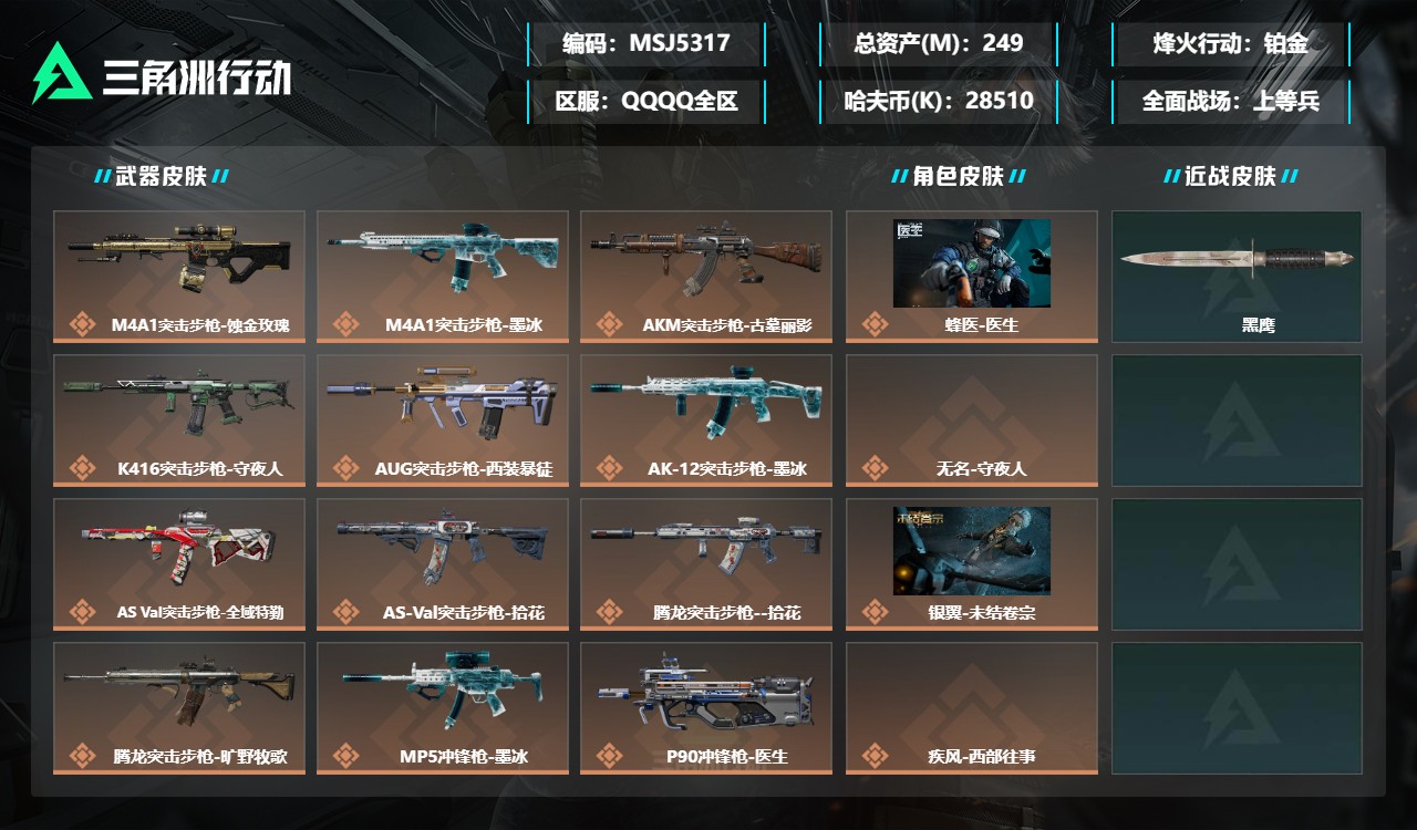 三角洲行动账号QQMSJ5317++【总资产(M)】248.77【哈夫币】28509k【行动等级】60【烽火地带段位】