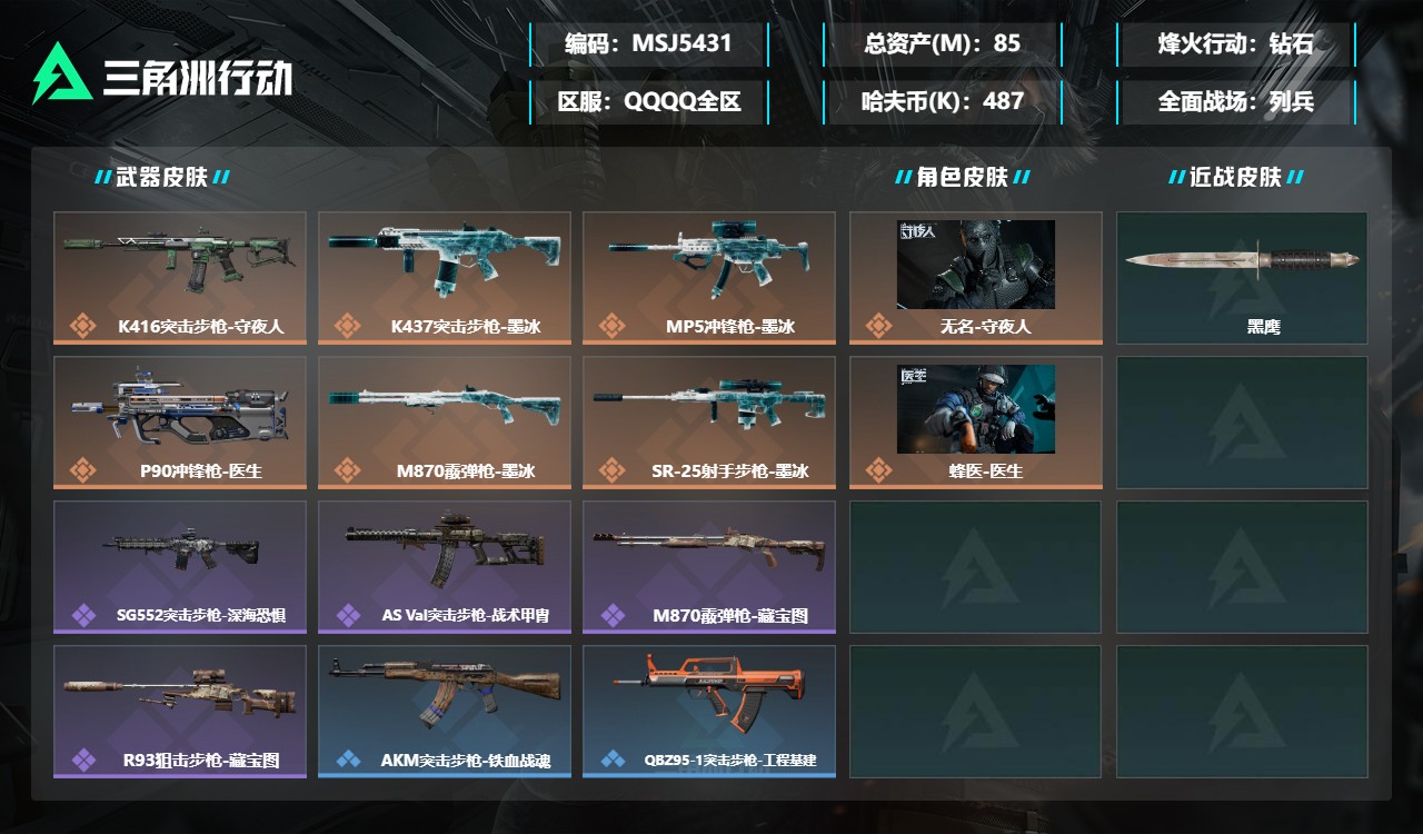 三角洲行动账号QQMSJ5431++【总资产(M)】85.43【哈夫币】487k【行动等级】60【烽火地带段位】钻石【