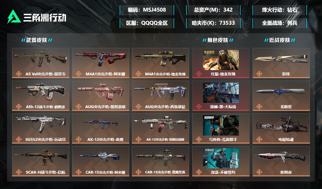 三角洲行动账号QQMSJ4508【资产349.5m 仓库9级高特勤 砖皮悬赏令优品S 8干员4近战蚀金玫瑰 黑天际线 