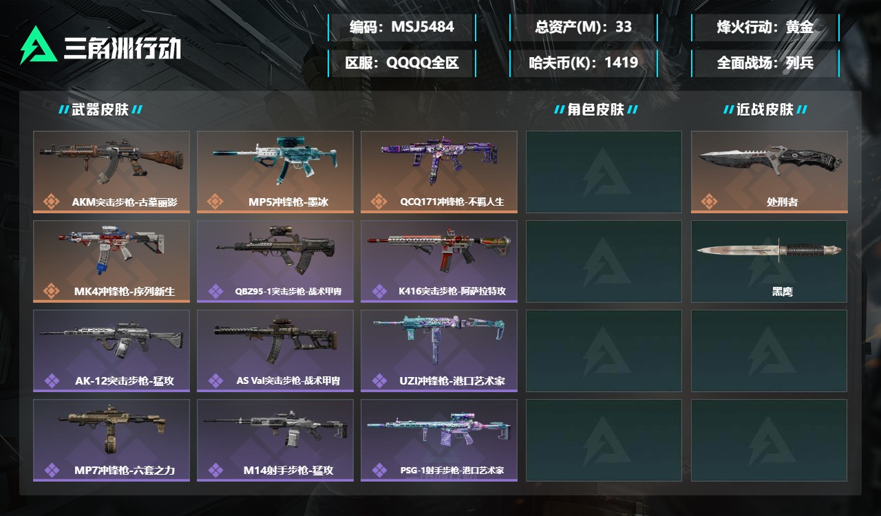 三角洲行动账号QQMSJ5484三端互通-总价值33M-哈夫币1419k-烽火地带等级60-烽火地带【近战武器】黑鹰 