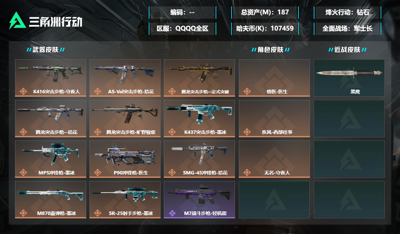 三角洲行动账号QQMSJ5492【12金枪 3干员皮 】【总资产(M)】187.28【哈夫币】107459K【行动等级