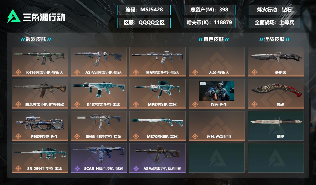 三角洲行动账号QQMSJ5428【巨额资产397M 哈夫币118M 3干员2刀皮 处刑者 挽歌】三端互通-总价值397