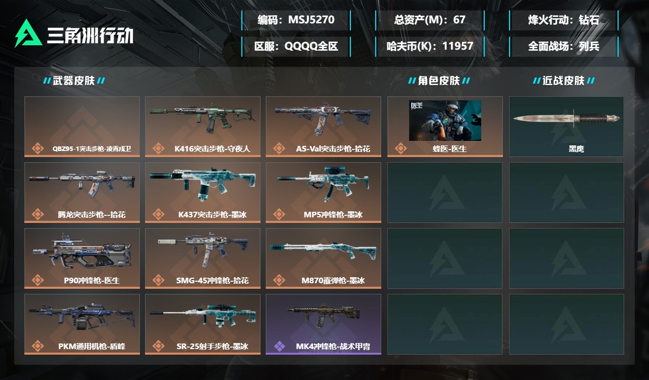 三角洲行动账号QQMSJ5270+三端互通-总价值67M-哈夫币11956k-烽火地带等级60-烽火地带钻石【干员皮肤