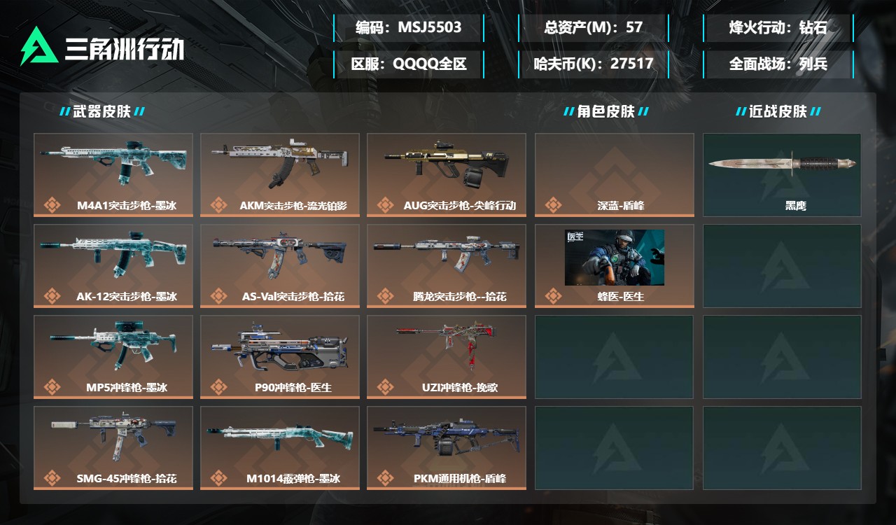 三角洲行动账号QQMSJ5503三端互通-总价值57M-哈夫币27517k-烽火地带等级60-烽火地带【干员皮肤】深蓝
