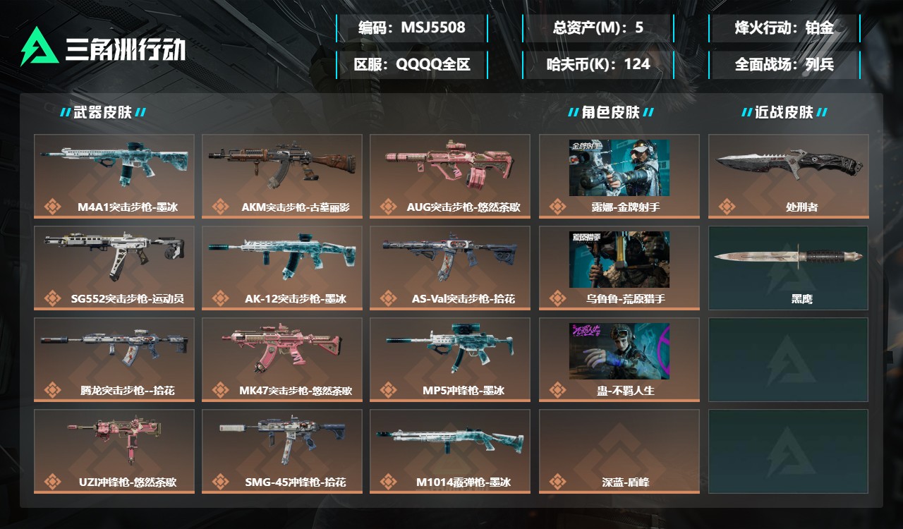 三角洲行动账号QQMSJ5508【总资产(M)】5.05【哈夫币】124K【行动等级】60【烽火地带段位】铂金【干员皮