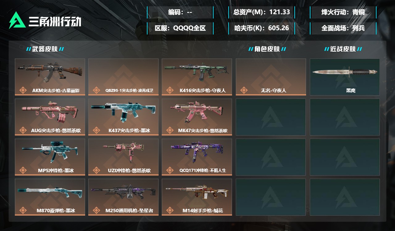 三角洲行动账号QQMSJ5516三端互通-总价值121.33M-哈夫币605.26-烽火地带等级60-烽火地带段位青铜