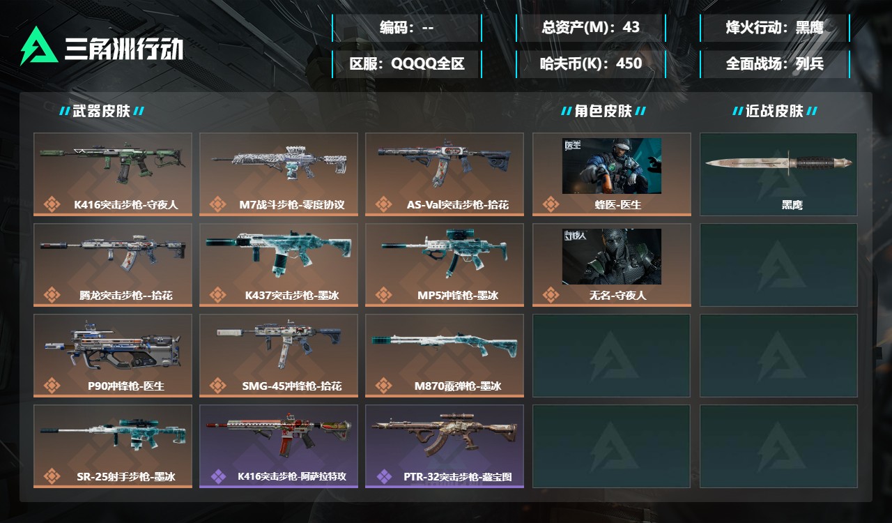 三角洲行动账号QQMSJ5537三端互通-总价值43.9M-哈夫币450.9-烽火地带等级60-烽火地带段位黑鹰【干员