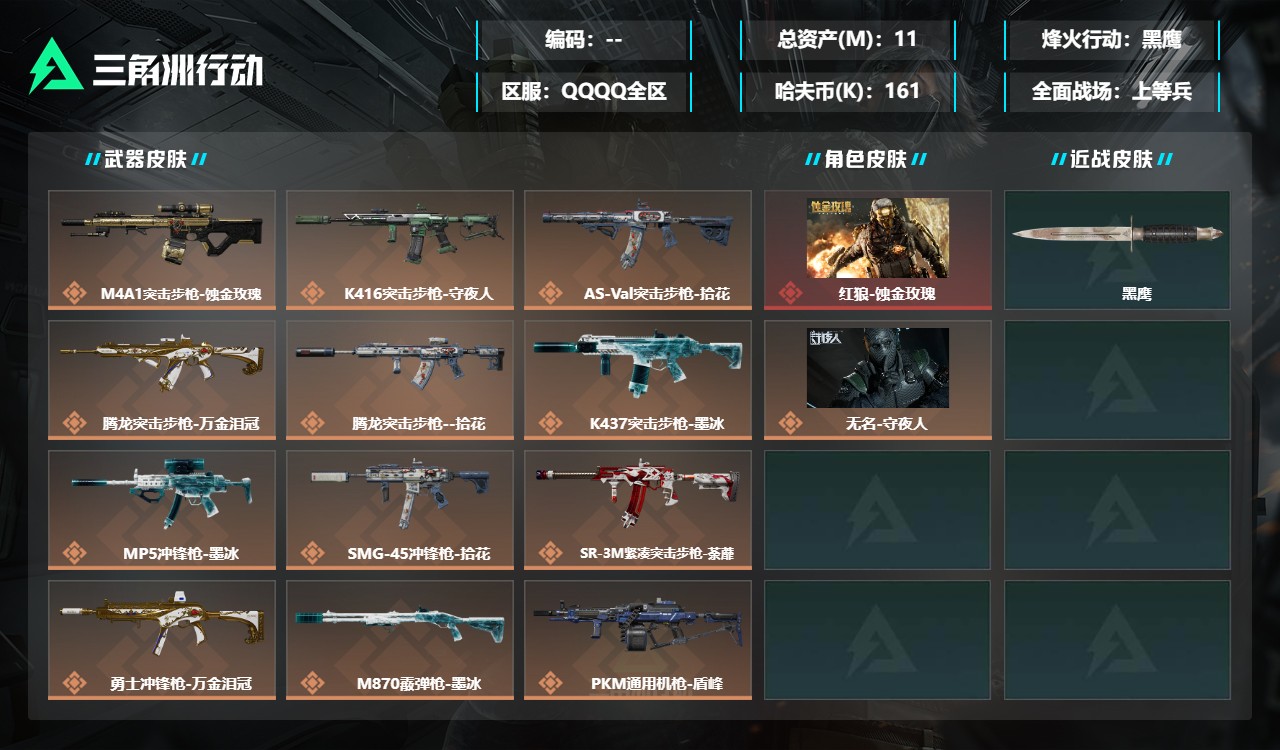三角洲行动账号QQMSJ5458三端互通-总价值11.24M-哈夫币161.32-烽火地带等级60-烽火地带段位黑鹰【
