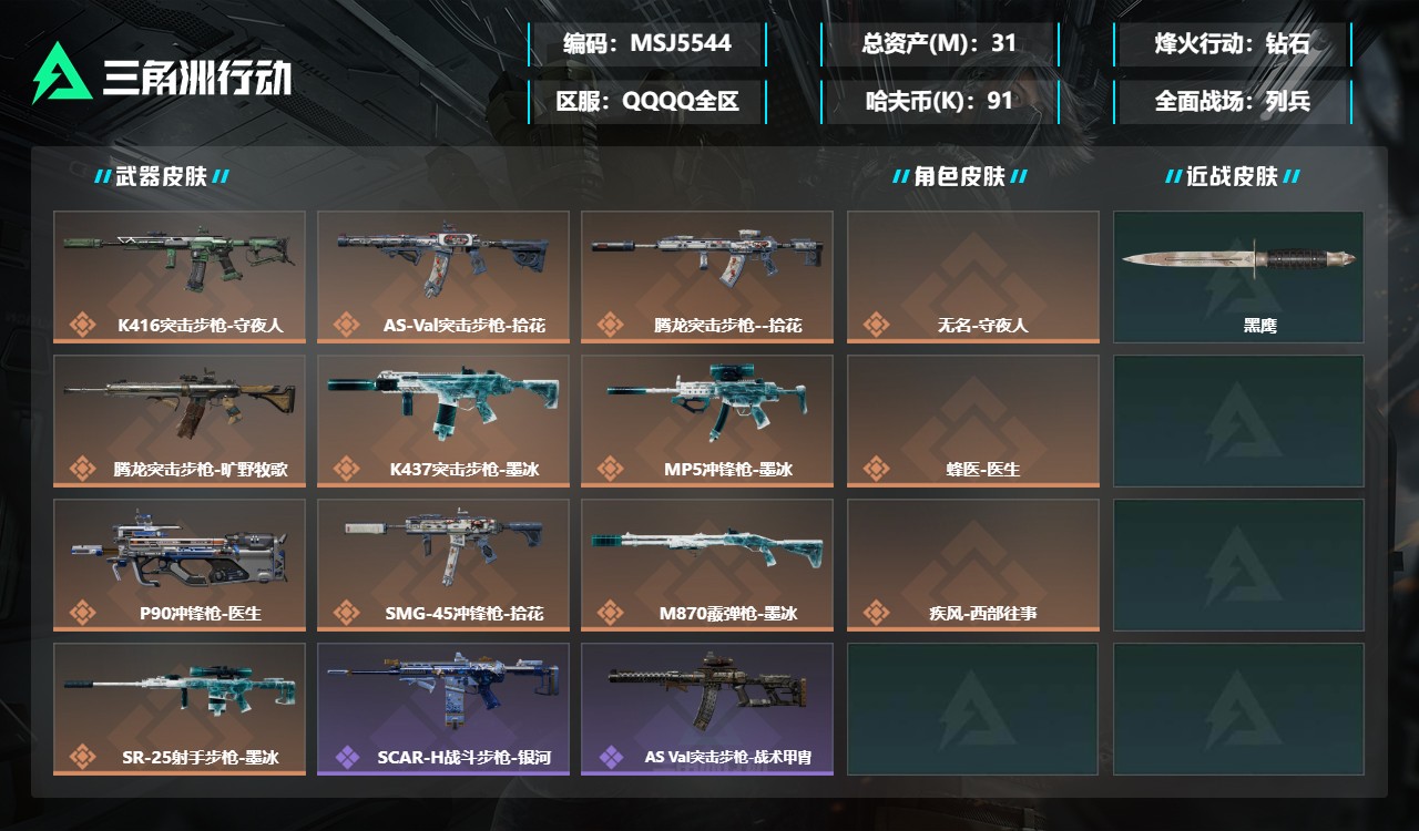 三角洲行动账号QQMSJ5544【总资产31.4M 哈夫币913434 传说皮守夜人 西部往事 医生】三端互通-总价值