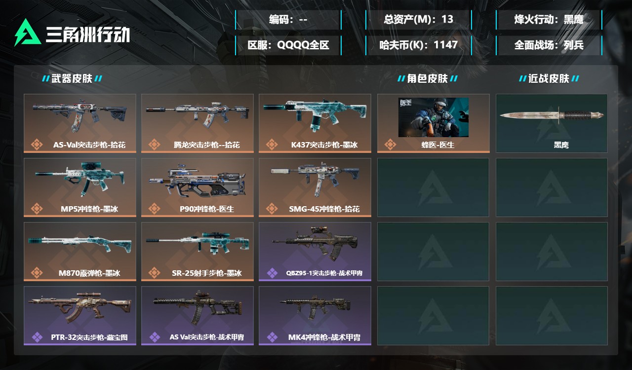 三角洲行动账号QQMSJ5574【总资产(M)】13.6【哈夫币】1147k【行动等级】60【烽火地带段位】黑鹰【干员