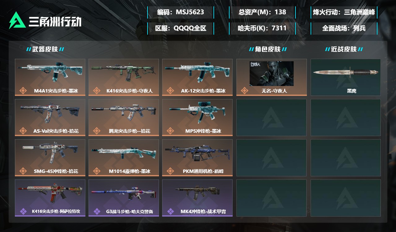 三角洲行动账号QQMSJ5623三端互通-总价值138M-哈夫币7311k-烽火地带等级60-烽火地带【干员皮肤】无名