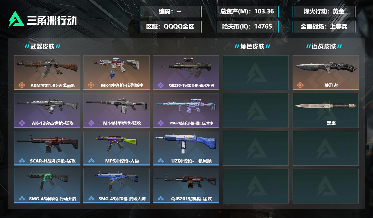 三角洲行动账号QQMSJ4701【总资产(M)】99.1【哈夫币】14765k【行动等级】60【烽火地带段位】黄金【近