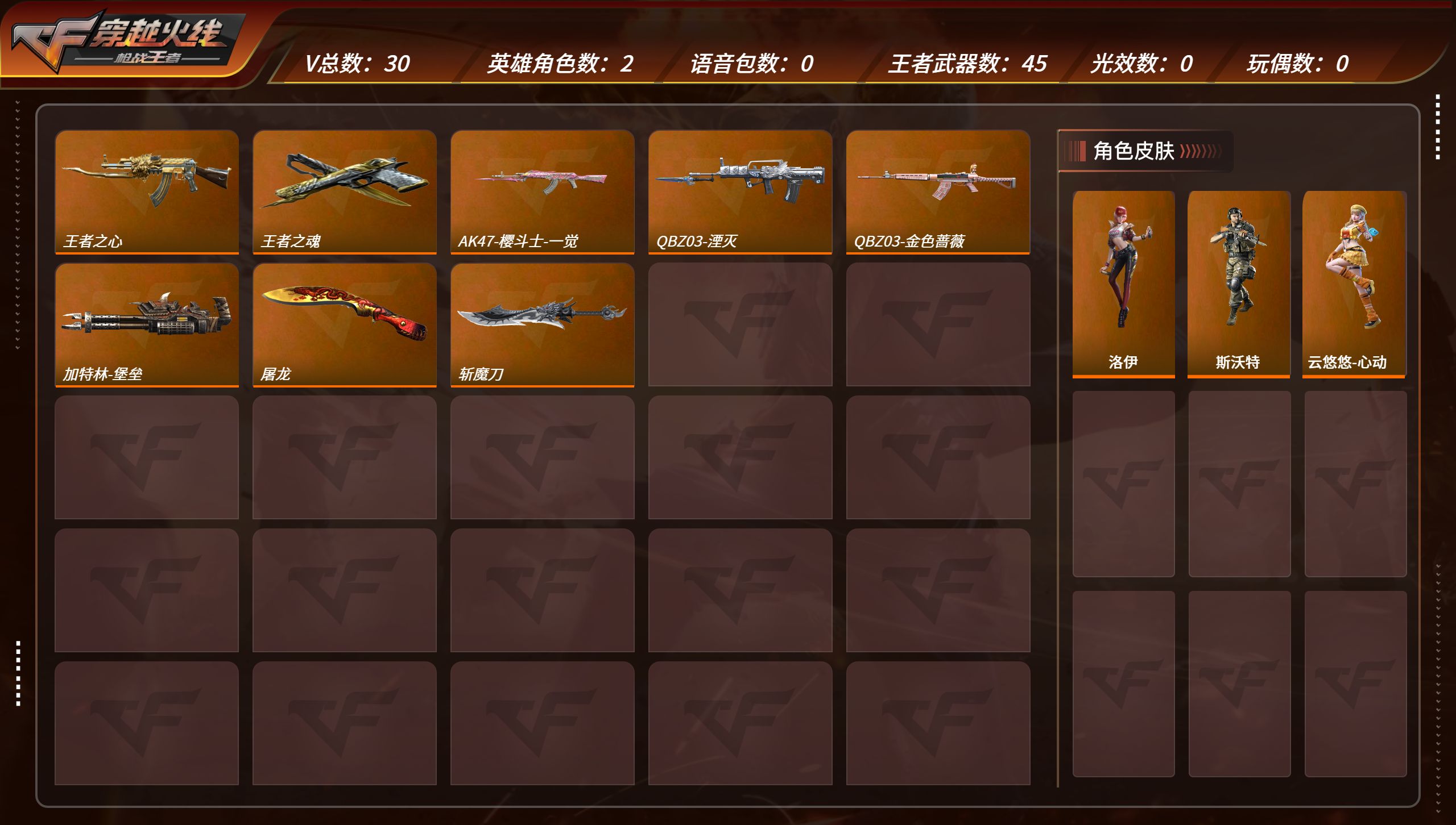 枪战王者账号安卓QQTZ3036【可二次 王者之心 王者之魂】【等级】64【区服】手Q-安卓【金角色数】0【金武器数】4