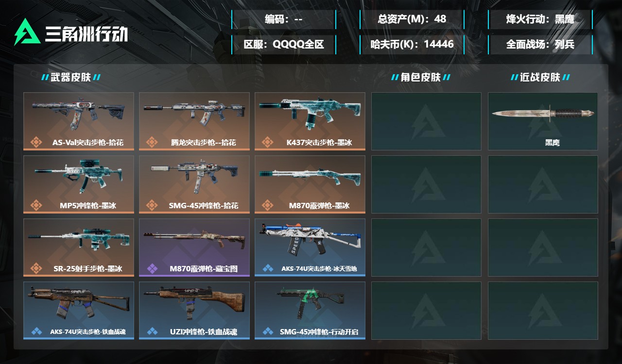 三角洲行动账号QQMSJ5745【总资产(M)】48.49【哈夫币】14446k【行动等级】60【烽火地带段位】黑鹰【