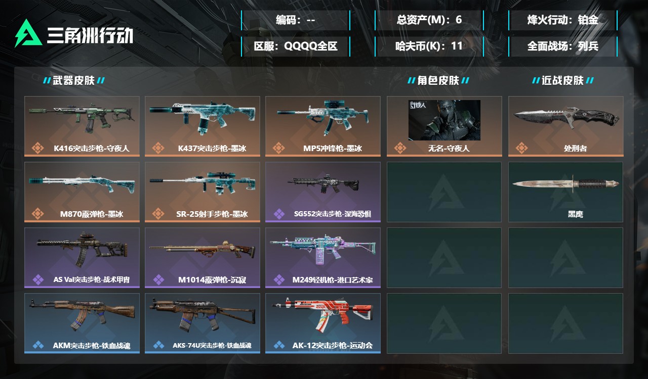 三角洲行动账号QQBG2038【总资产6.6M 哈夫币1119K刀处刑者 信用分低】三端互通-总价值6.6M-哈夫币1