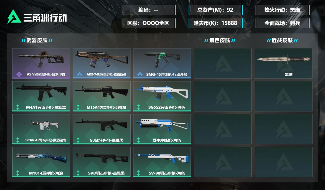 三角洲行动账号QQMSJ5775【92M资产 多红多金 特价出售】【总资产(M)】92.17【哈夫币】15888k【行