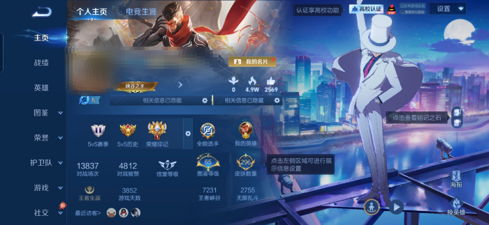 王者荣耀账号安卓QQMWZ109356可二次【296皮肤v8准V9  2典藏17传说1珍品传说怪盗  白虎志 3星传幽冥