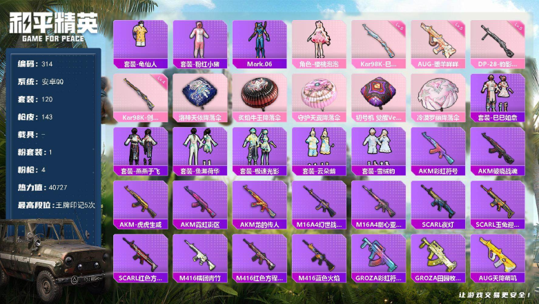 和平精英账号安卓QQXS11474【AUG-暖羊咩咩[5级]】安卓手Q-1粉装-4特效枪-120套装-143枪皮-5王牌