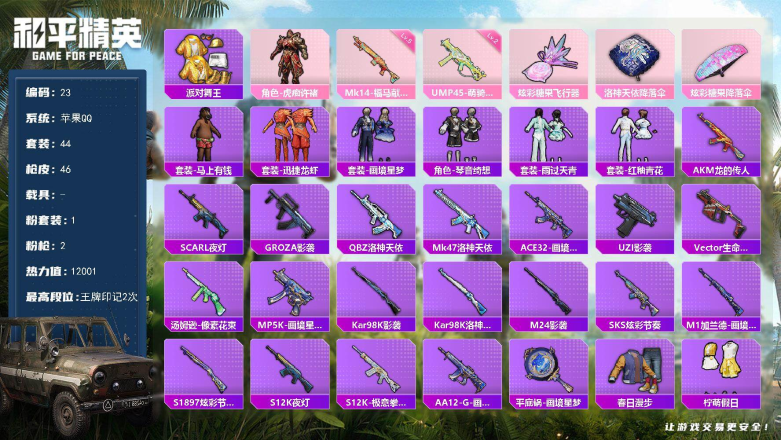 和平精英账号苹果QQXS11494苹果手Q-1粉装-2特效枪-44套装-46枪皮-2王牌印记-卓越王牌15星-12001