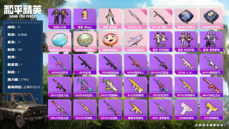和平精英账号安卓QQXS11496【可二次 粉装1 特效2  热门 深海小丑鱼  】安卓手Q-1粉装-2特效枪-71套装