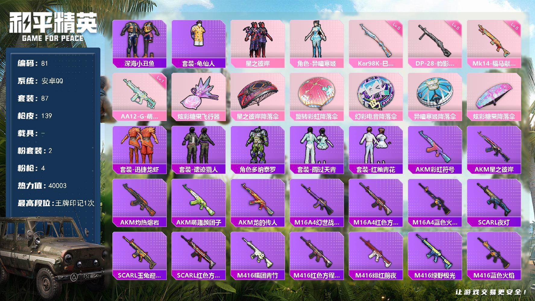 和平精英账号安卓QQ0载具-87套装-139枪皮-安卓手Q-2粉装-4特效枪-87套装-139枪皮-1王牌印记-不朽星钻Ⅰ-40003热力值【2粉装】角色-异瞳寒姬,星之彼岸【4特效枪】Mk14-福马献瑞[5级],AA1