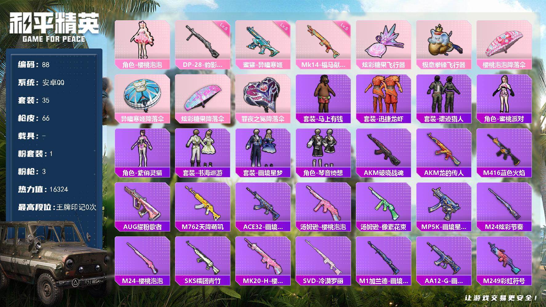 和平精英账号安卓QQ0载具-35套装-66枪皮-安卓手Q-1粉装-3特效枪-35套装-66枪皮-0王牌印记-坚韧铂金Ⅴ-16324热力值【1粉装】角色-樱桃泡泡【3特效枪】DP-28-豹影疾电[5级],蜜獾-异瞳寒姬[5