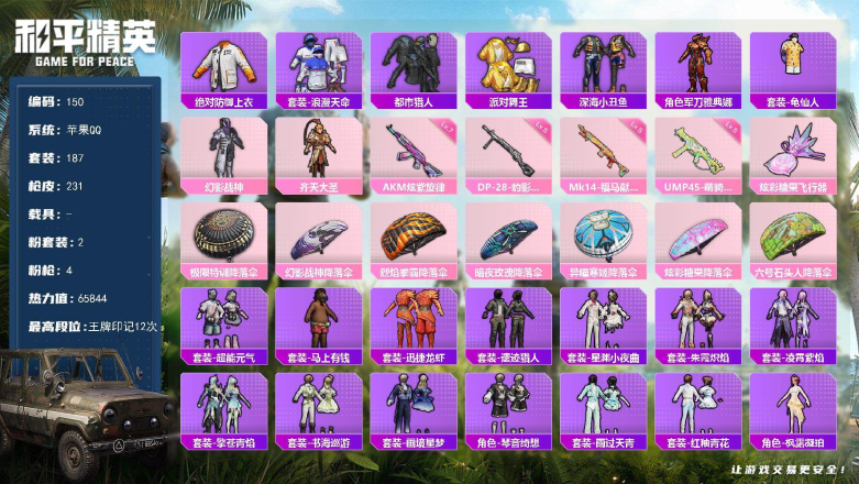 和平精英账号苹果QQXS11663【身法号2粉装-4特效枪 巡查衣 派对舞王,深海小丑鱼,都市猎人,浪漫天命】苹果手Q-