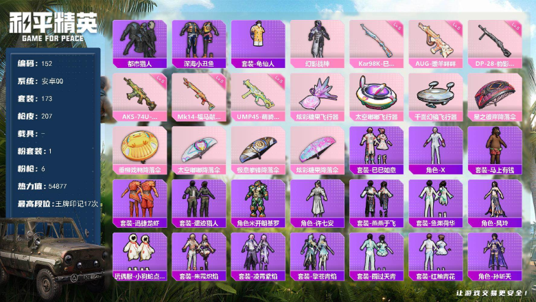和平精英账号安卓QQXS11662【身法号1粉装-6特效枪深海小丑鱼,都市猎人】安卓手Q-1粉装-6特效枪-173套装-