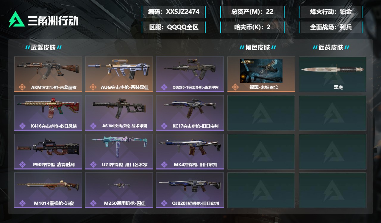 三角洲行动账号QQXXSJZ2474三端互通-总价值22M-哈夫币26812-烽火地带等级60-烽火地带【干员皮肤】银