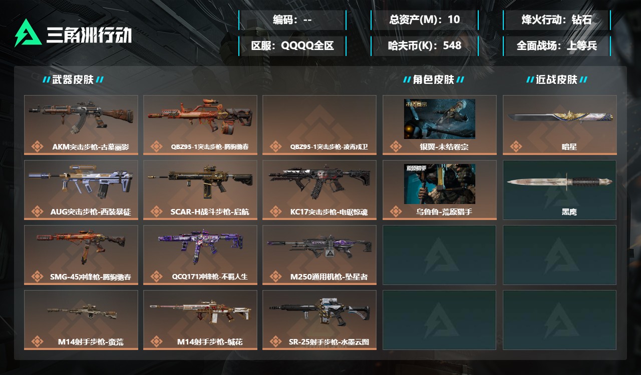 三角洲行动账号QQZMSJ1064【总资产(M)】10.02【哈夫币】548k【行动等级】60【烽火地带段位】钻石【干